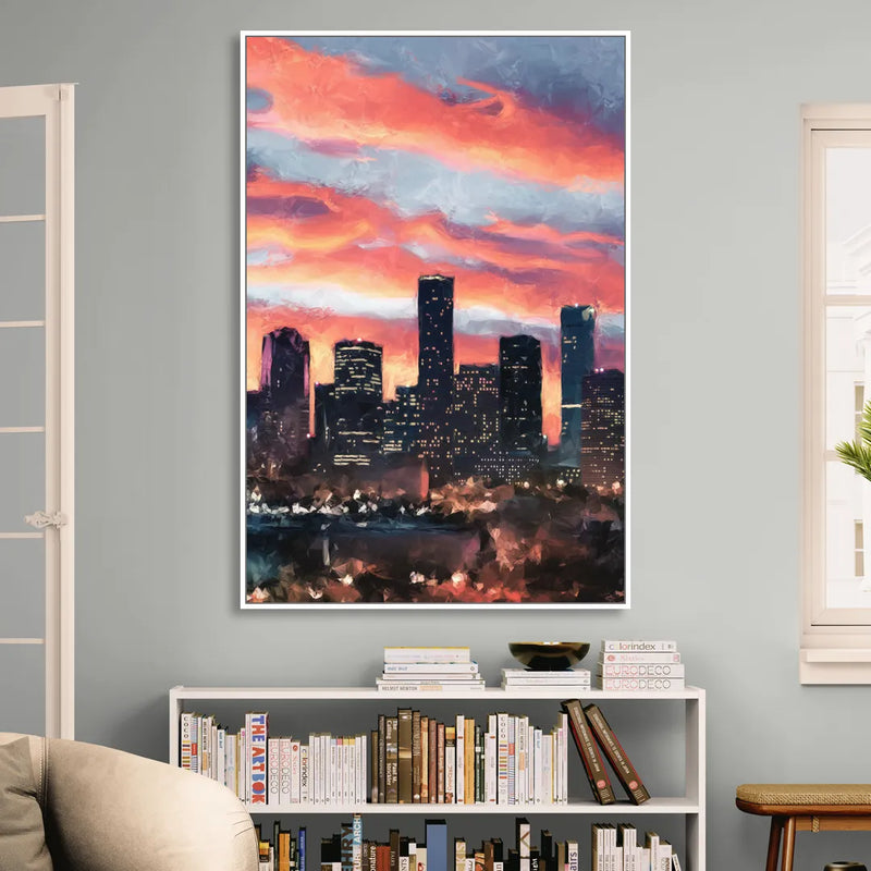 Houston Sunset Skyline Living Room - White Canvas Wall Art