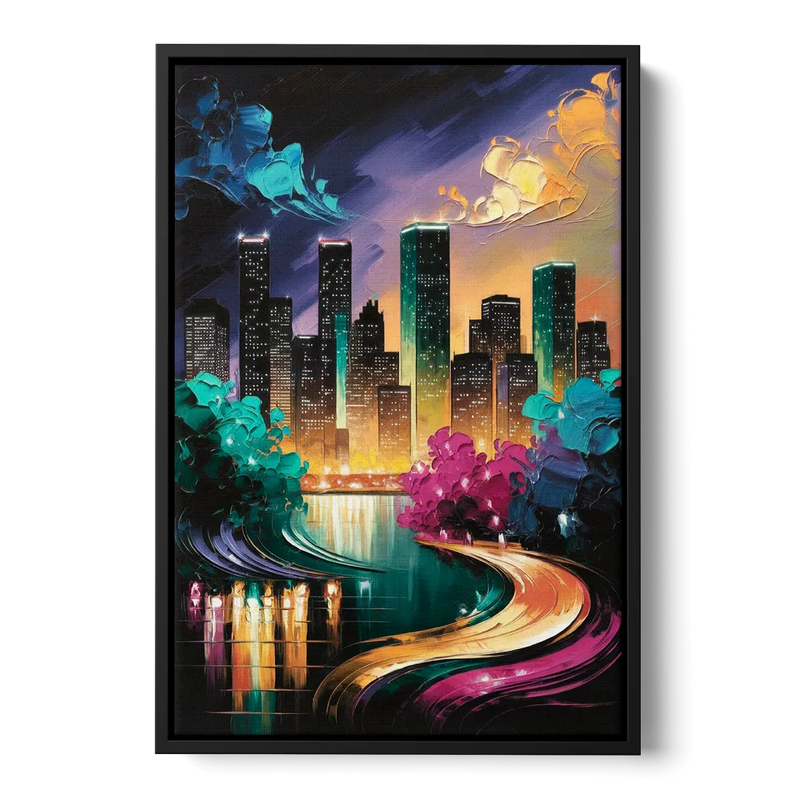 Houston Vibrant Nights Front - Black Canvas Wall Art