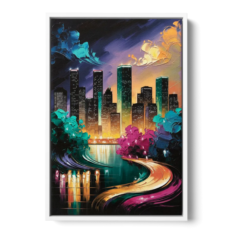 Houston Vibrant Nights Front - White Canvas Wall Art