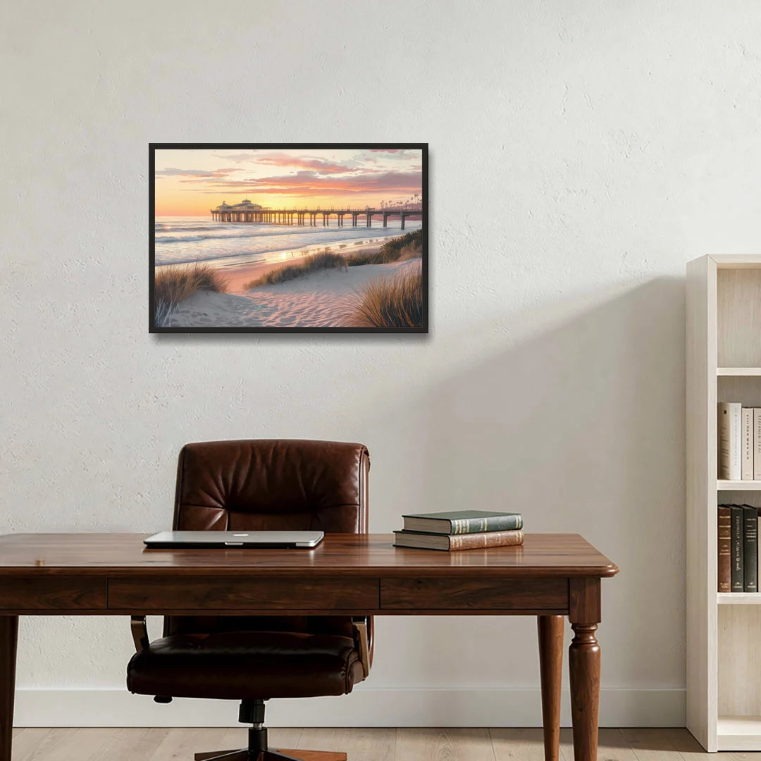 Huntington Beach Coastal Vibes - Black Framed Canvas Wall Art - Office - 30x20