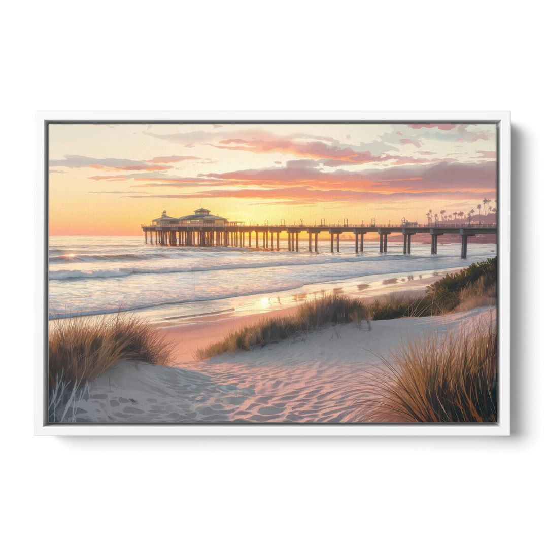 Huntington Beach Coastal Vibes - White Framed Canvas Wall Art - Front
