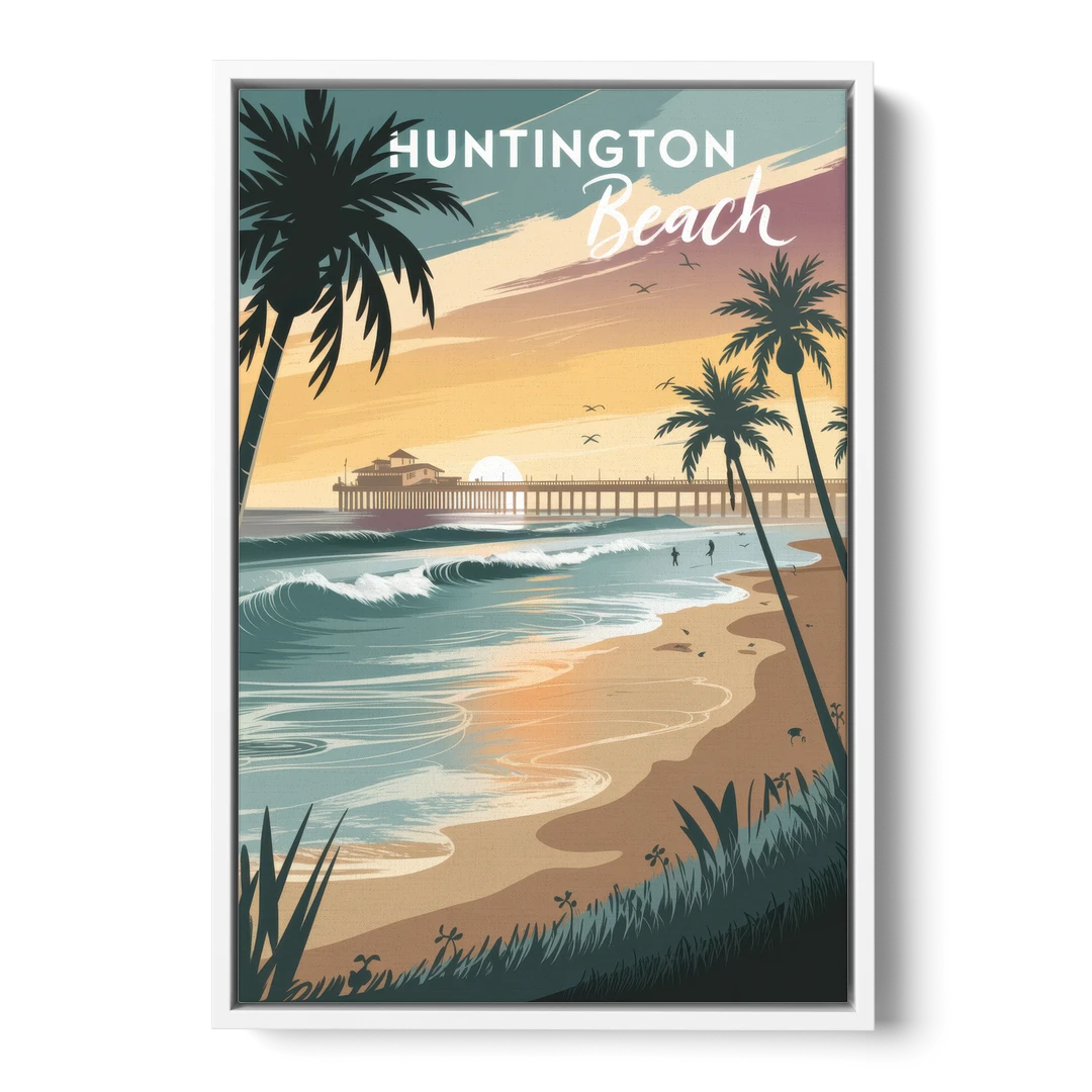 Huntington Beach Pacific Coast - White Framed Canvas Wall Art - Front