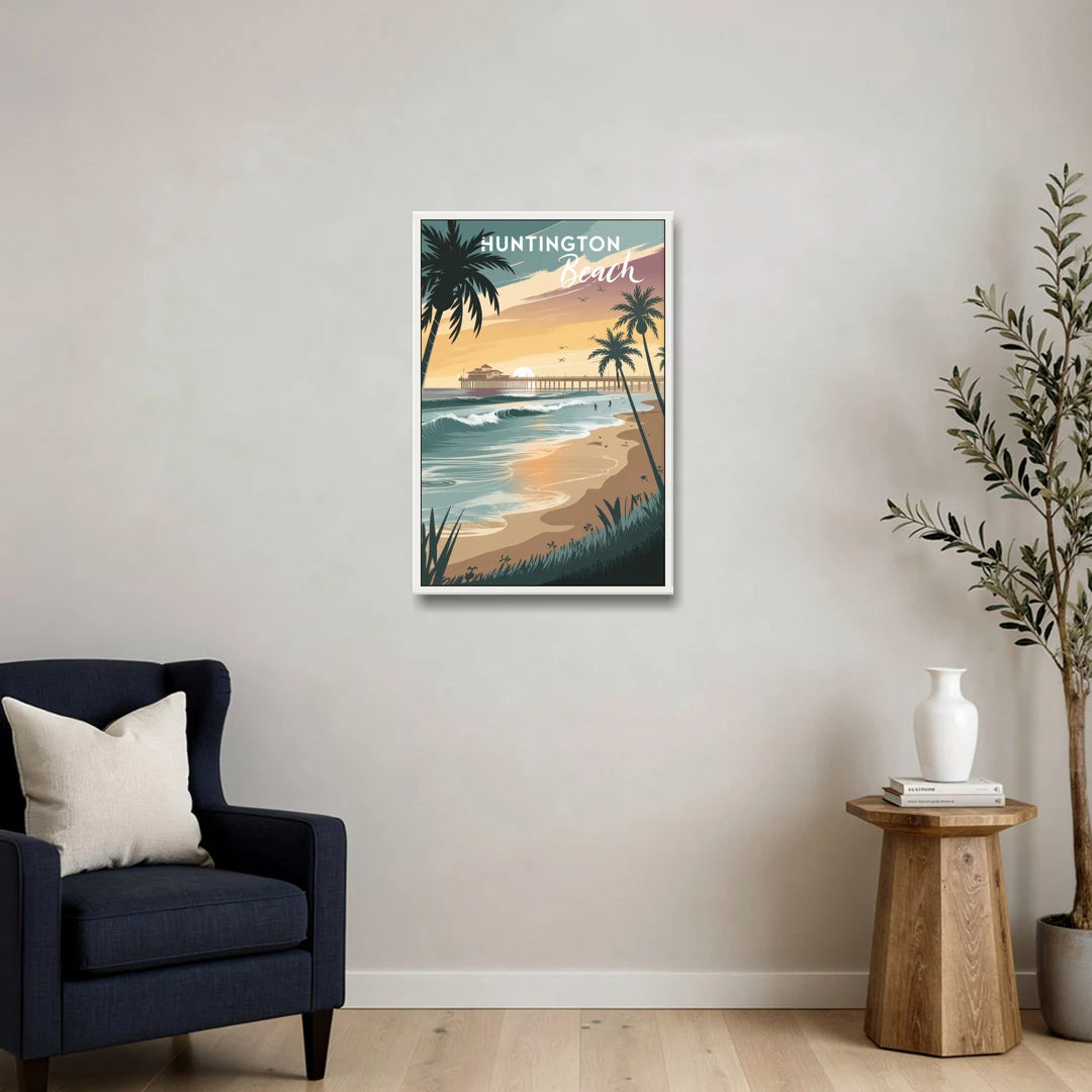Huntington Beach Pacific Coast - White Framed Canvas Wall Art - Sofa - 20x30
