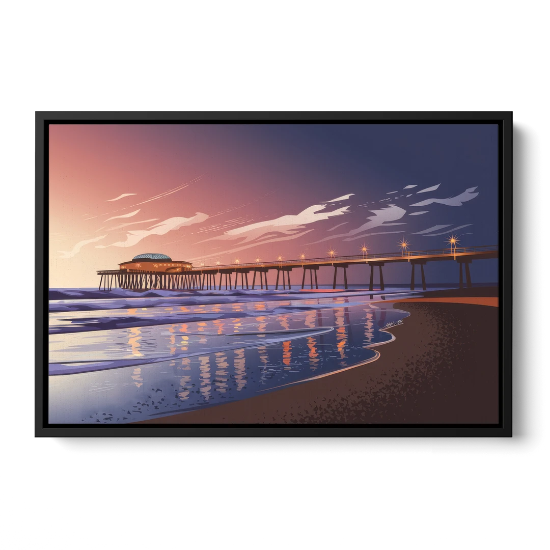 Huntington Beach Pier At Twilight - Black Framed Canvas Wall Art - Front