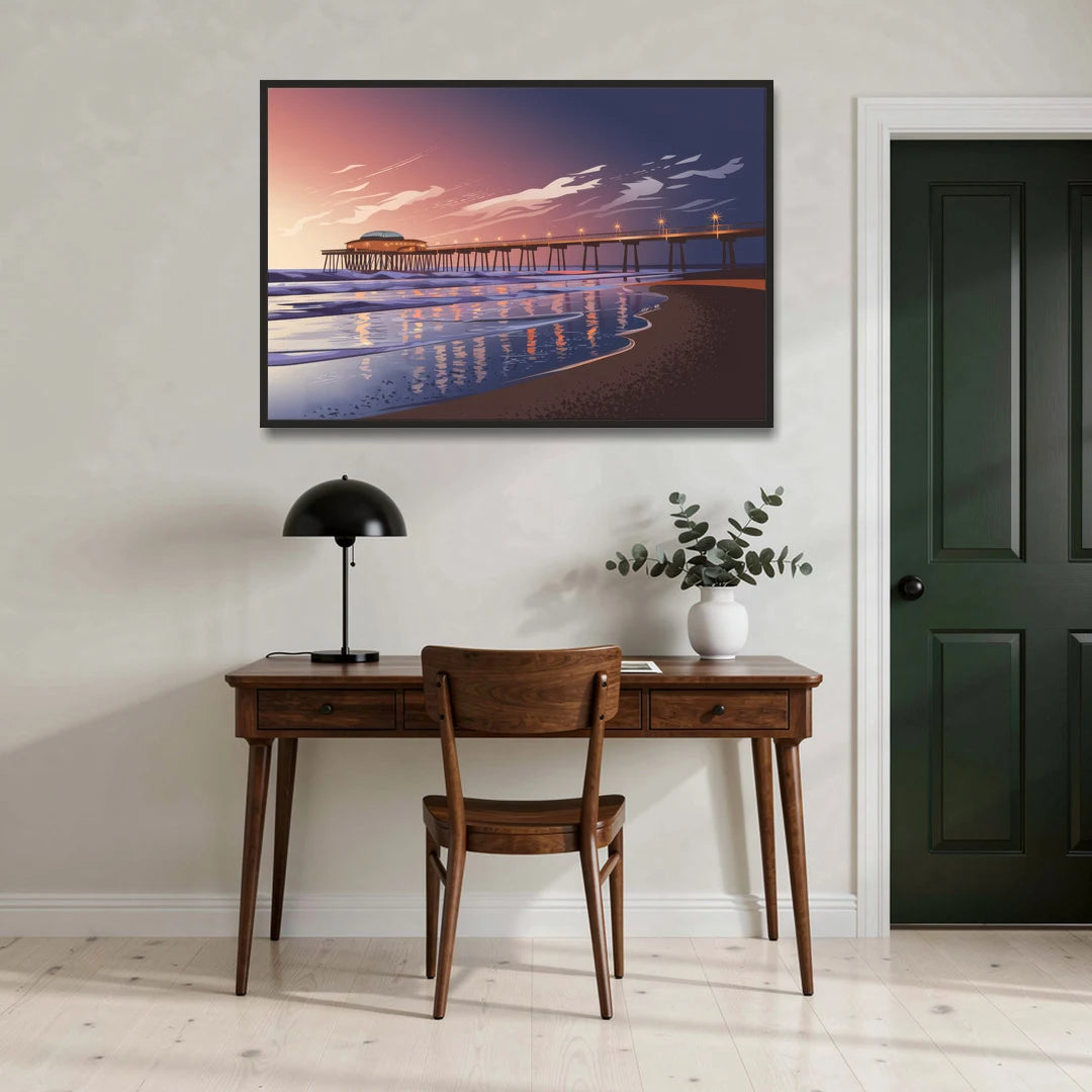 Huntington Beach Pier At Twilight - Black Framed Canvas Wall Art - Office - 48x32