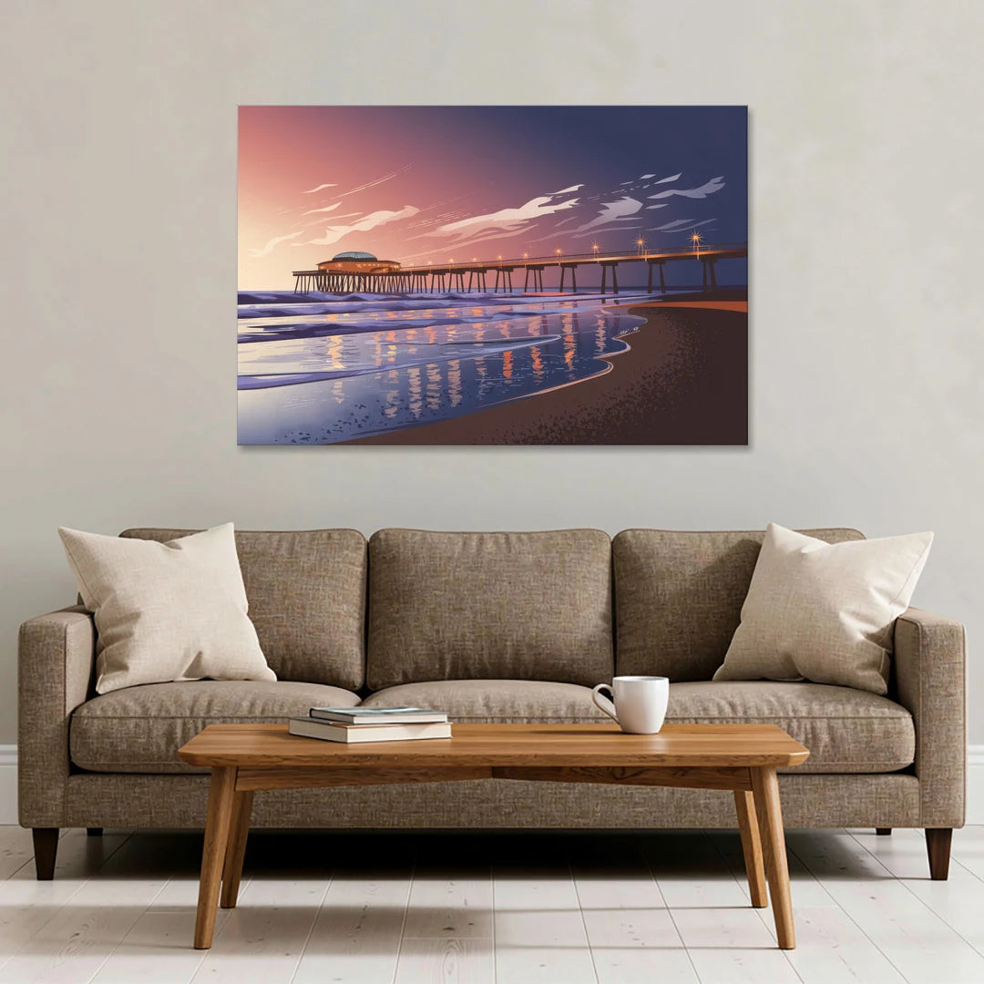 Huntington Beach Pier At Twilight - Canvas Wall Art - Sofa - 48x32