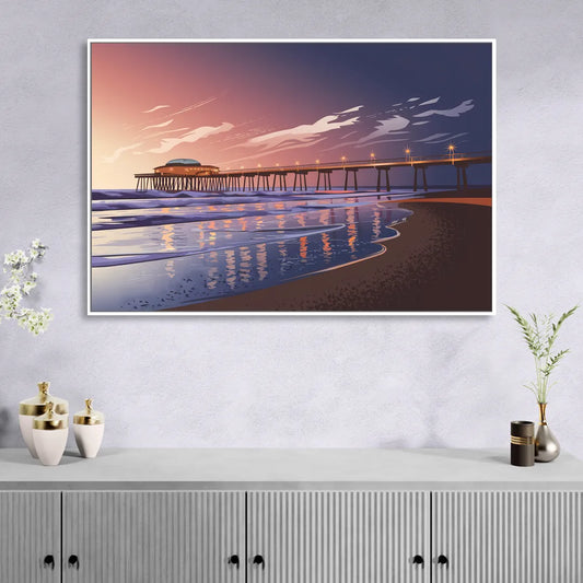 Huntington Beach Pier At Twilight Living Room - White Canvas Wall Art