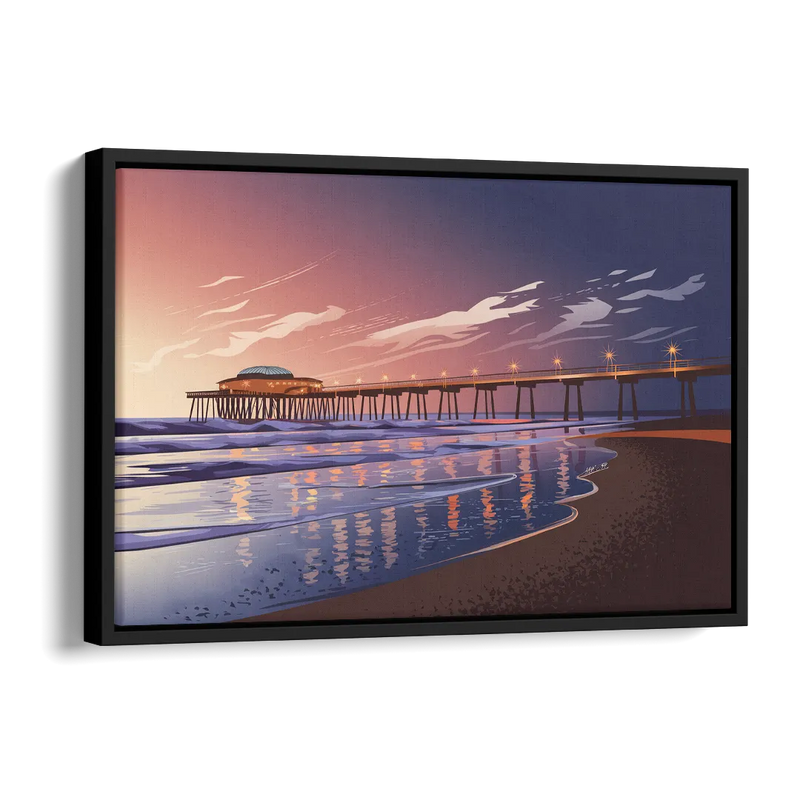 Huntington Beach Pier At Twilight Side - Black Canvas Wall Art