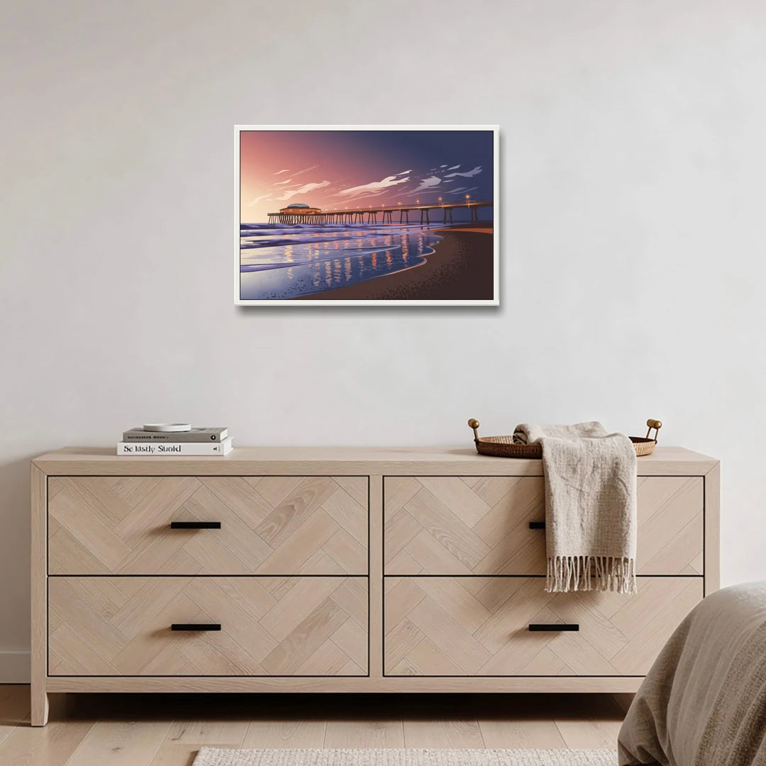 Huntington Beach Pier At Twilight - White Framed Canvas Wall Art - Coffee Table - 30x20