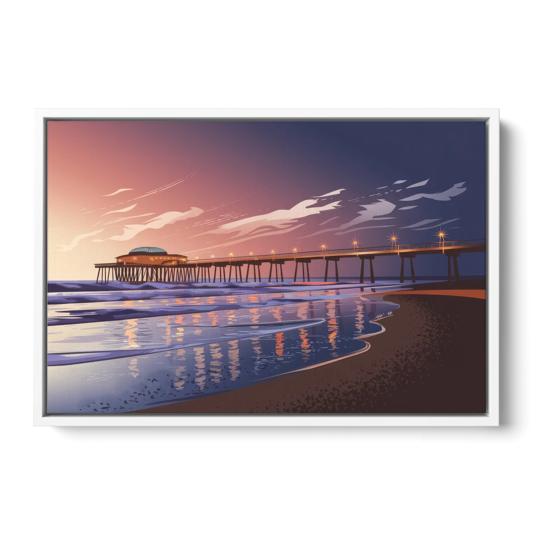 Huntington Beach Pier At Twilight - White Framed Canvas Wall Art - Front