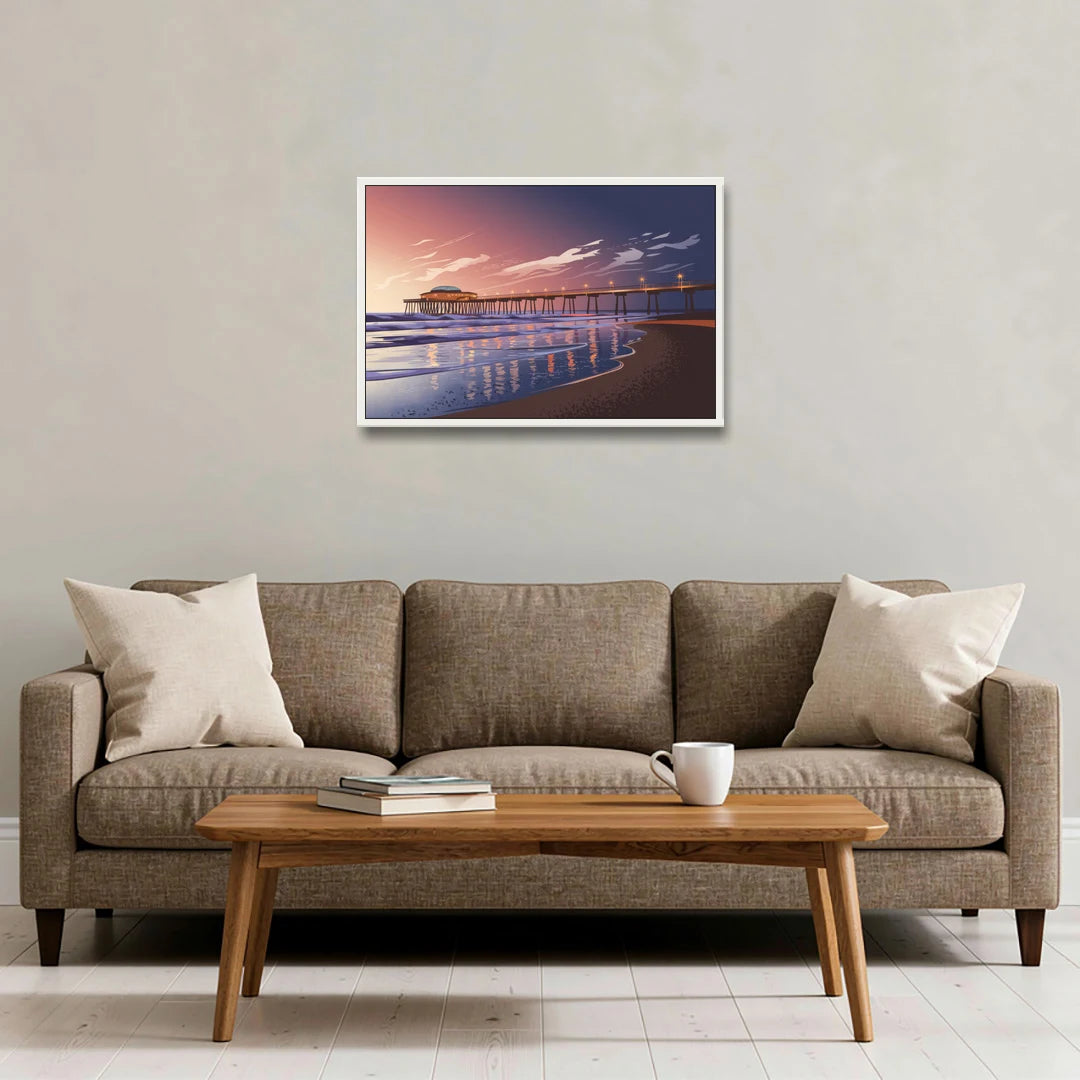 Huntington Beach Pier At Twilight - White Framed Canvas Wall Art - Sofa - 30x20