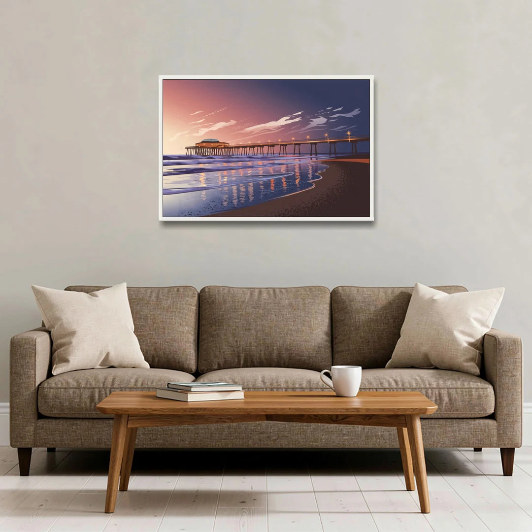Huntington Beach Pier At Twilight - White Framed Canvas Wall Art - Sofa - 36x24