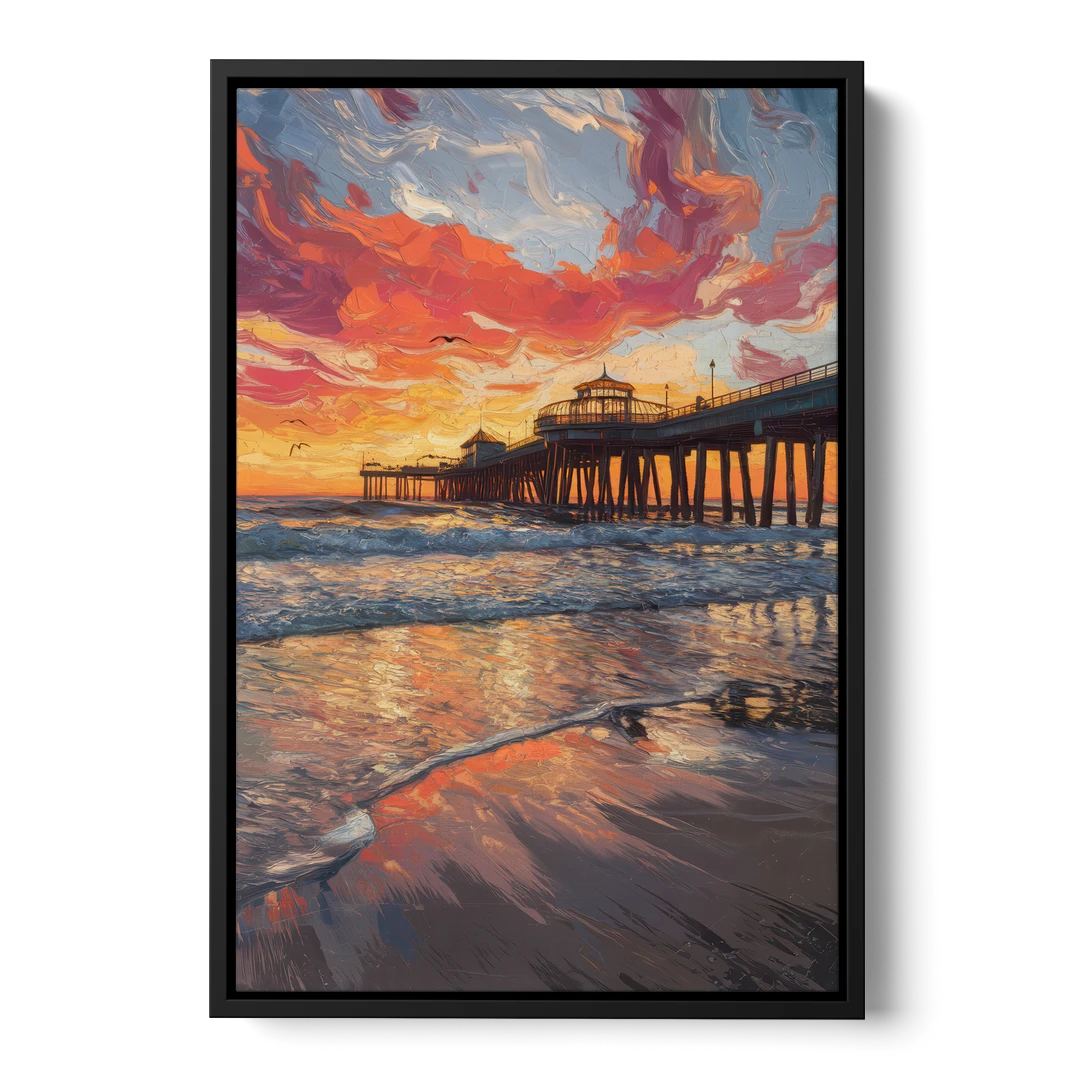 Huntington Beach Pier Sunset - Black Framed Canvas Wall Art - Front