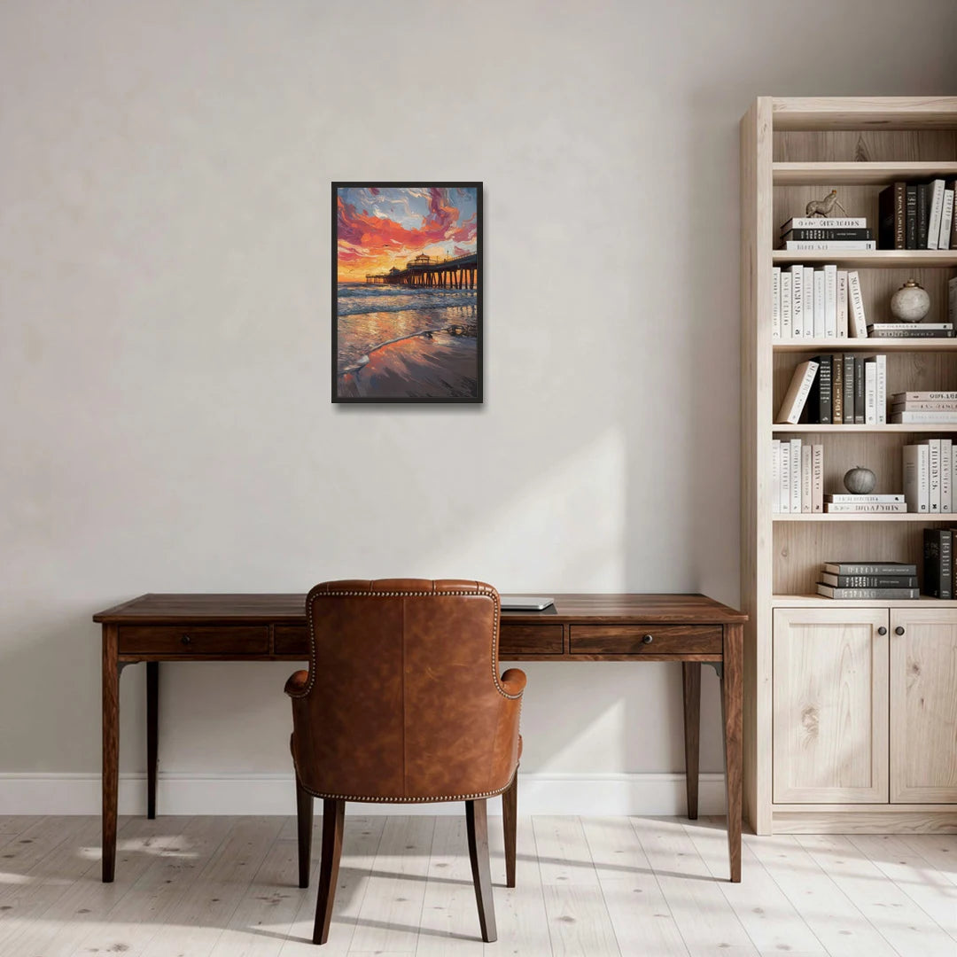 Huntington Beach Pier Sunset - Black Framed Canvas Wall Art - Office - 16x24