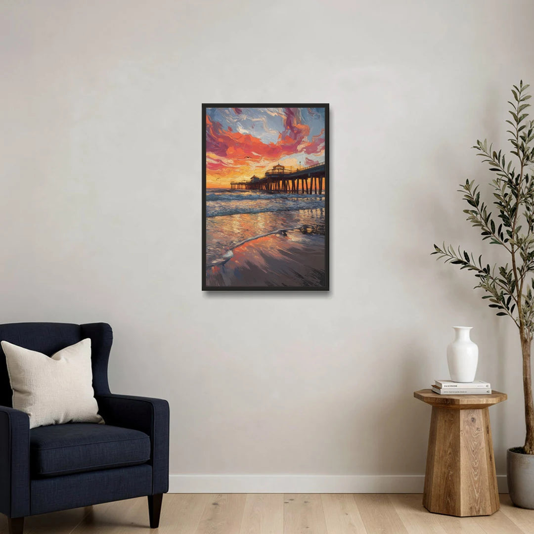 Huntington Beach Pier Sunset - Black Framed Canvas Wall Art - Sofa - 20x30