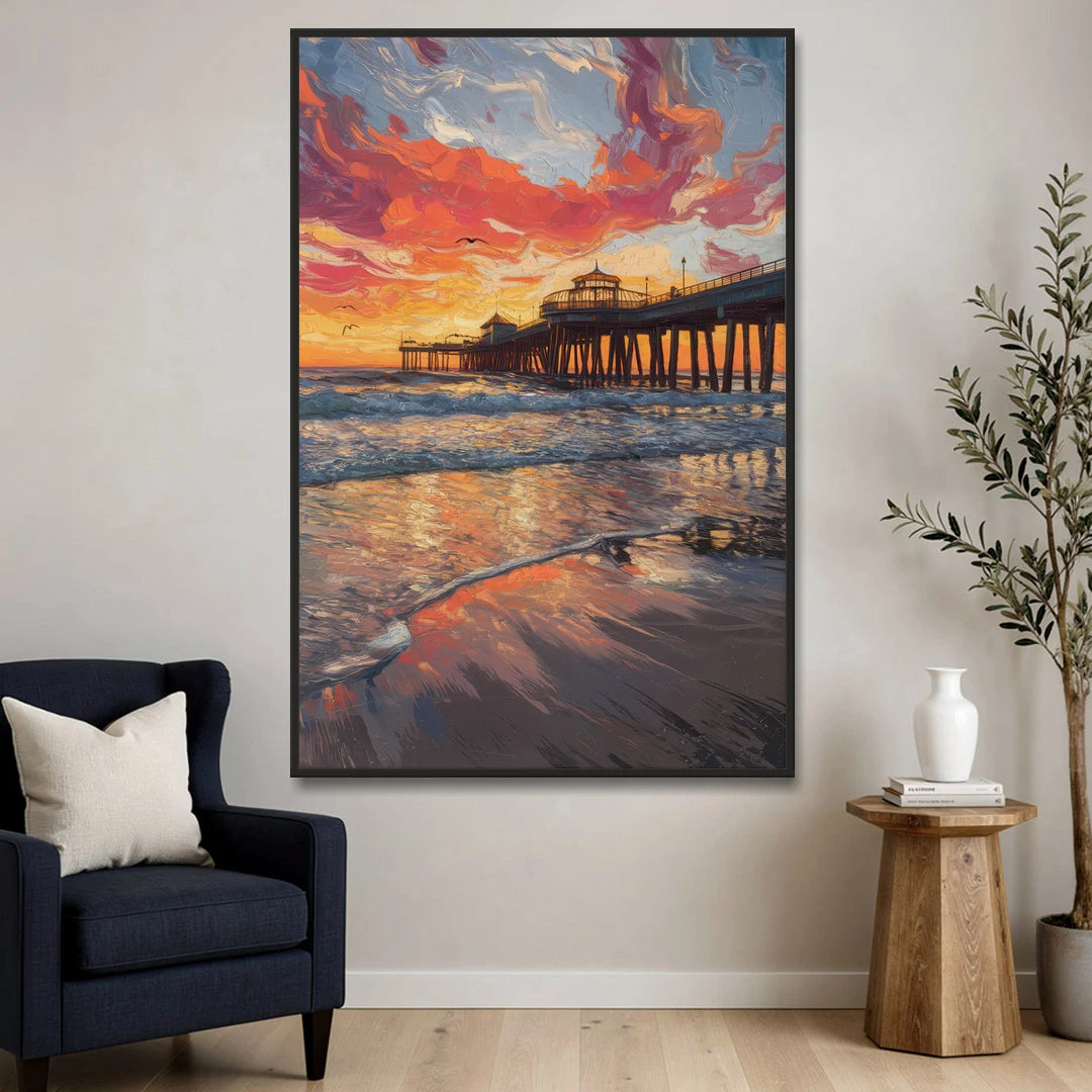 Huntington Beach Pier Sunset - Black Framed Canvas Wall Art - Sofa - 40x60