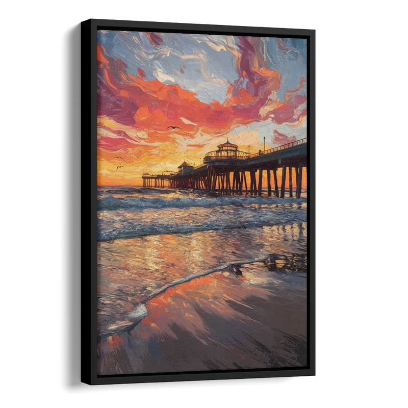 Huntington Beach Pier Sunset Side - Black Canvas Wall Art
