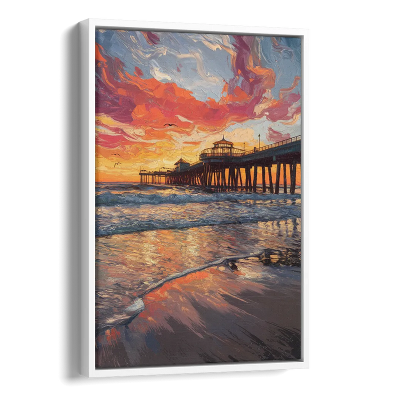 Huntington Beach Pier Sunset Side - White Canvas Wall Art