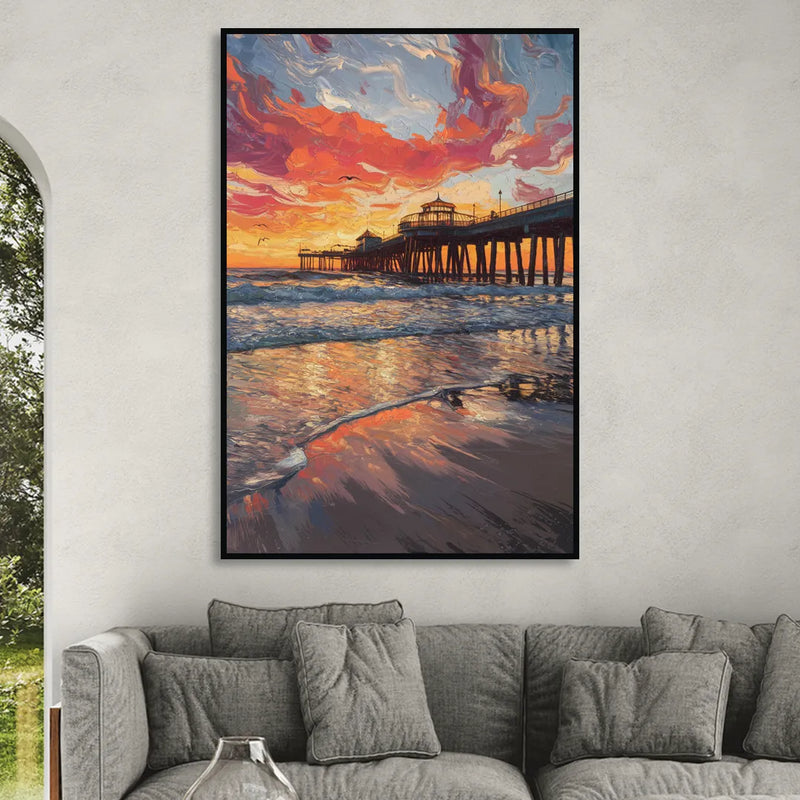 Huntington Beach Pier Sunset Sitting Room - Black Canvas Wall Art