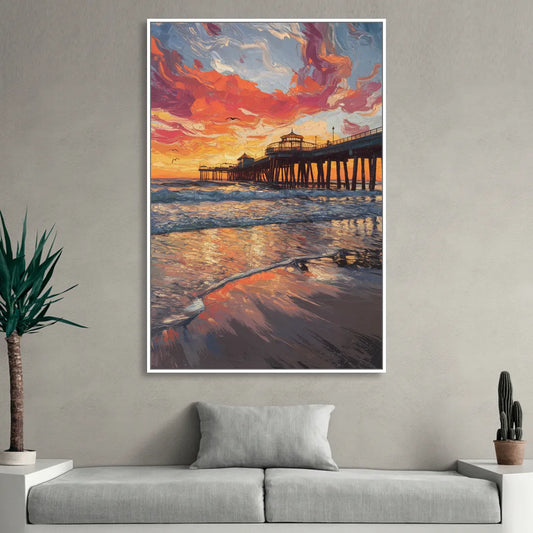 Huntington Beach Pier Sunset Living Room - White Canvas Wall Art