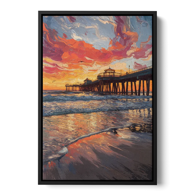 Huntington Beach Pier Sunset Front - Black Canvas Wall Art