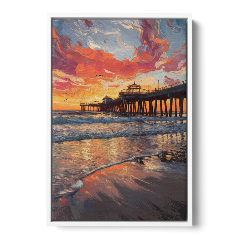 Huntington Beach Pier Sunset Front - White Canvas Wall Art