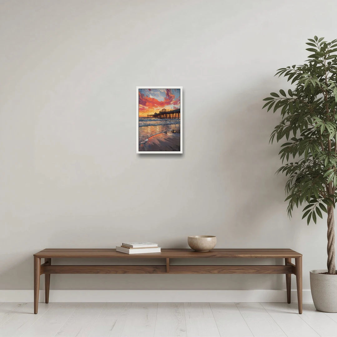 Huntington Beach Pier Sunset - White Framed Canvas Wall Art - Coffee Table - 12x18