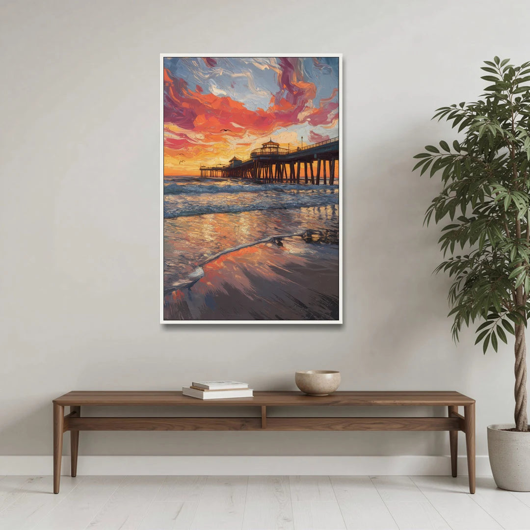 Huntington Beach Pier Sunset - White Framed Canvas Wall Art - Coffee Table - 32x48