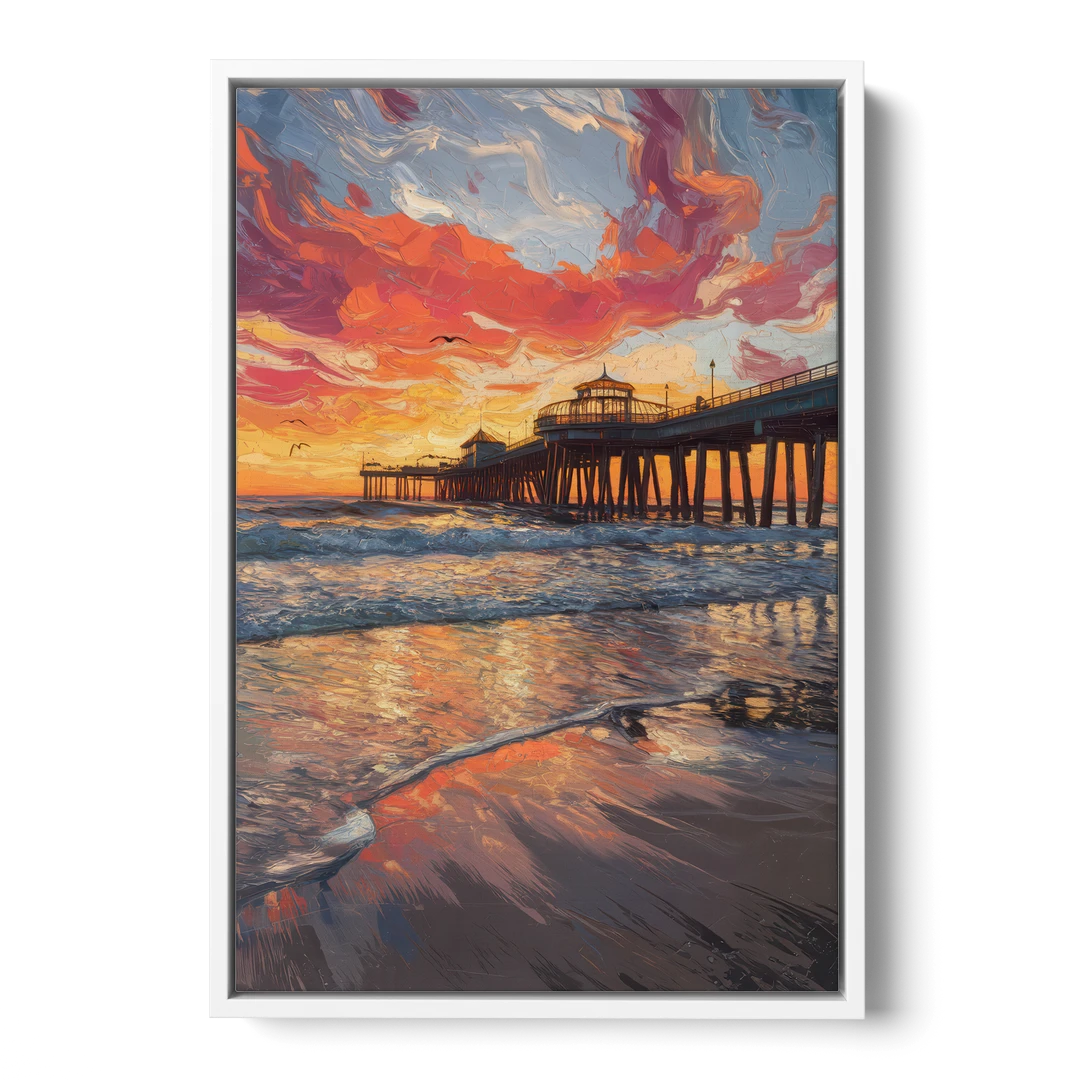 Huntington Beach Pier Sunset - White Framed Canvas Wall Art - Front