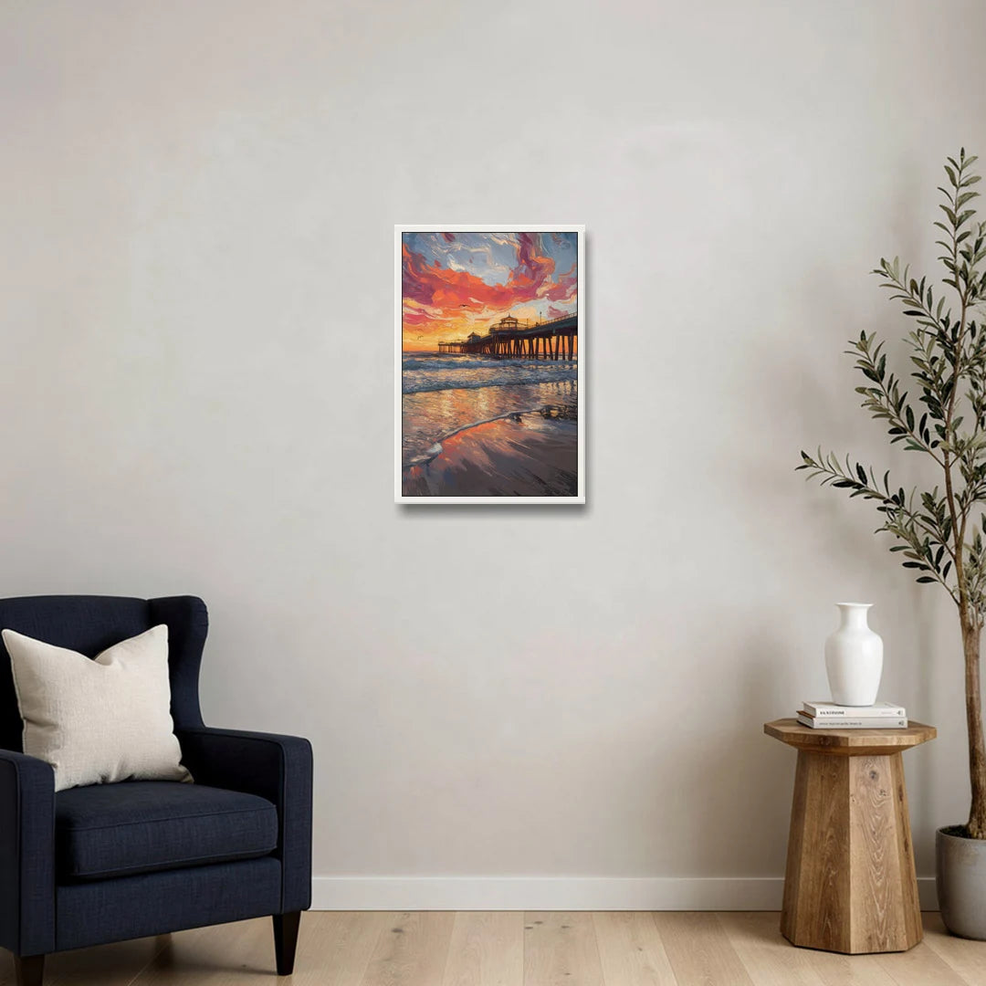 Huntington Beach Pier Sunset - White Framed Canvas Wall Art - Sofa - 16x24