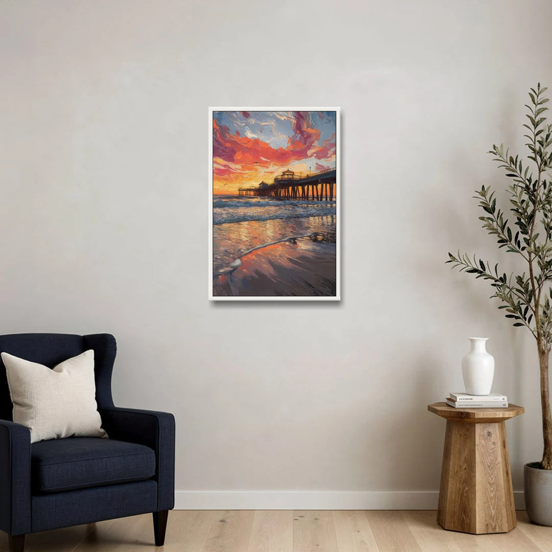 Huntington Beach Pier Sunset - White Framed Canvas Wall Art - Sofa - 20x30