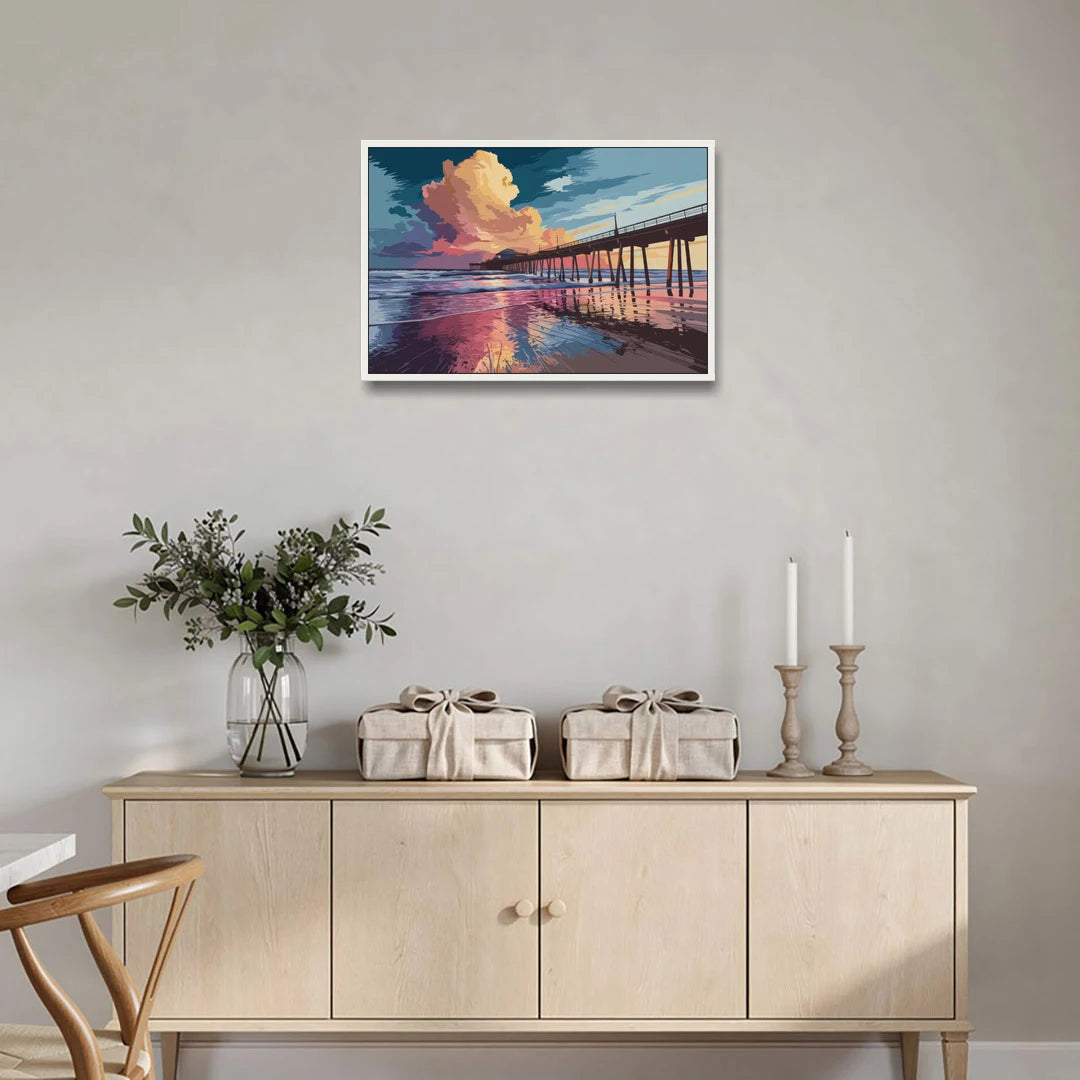 Huntington Beach Sunrise Views - White Framed Canvas Wall Art - Coffee Table - 30x20