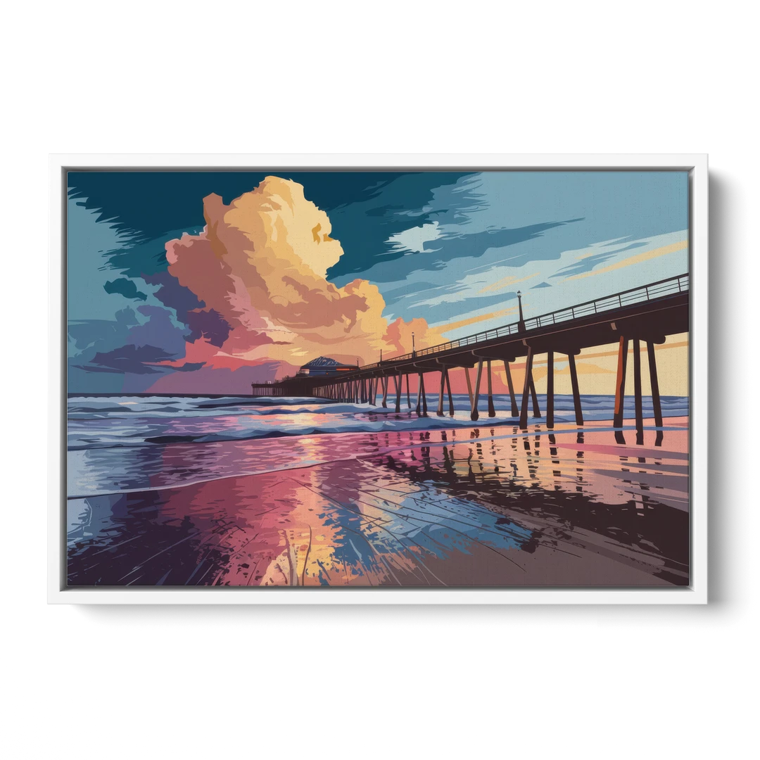 Huntington Beach Sunrise Views - White Framed Canvas Wall Art - Front