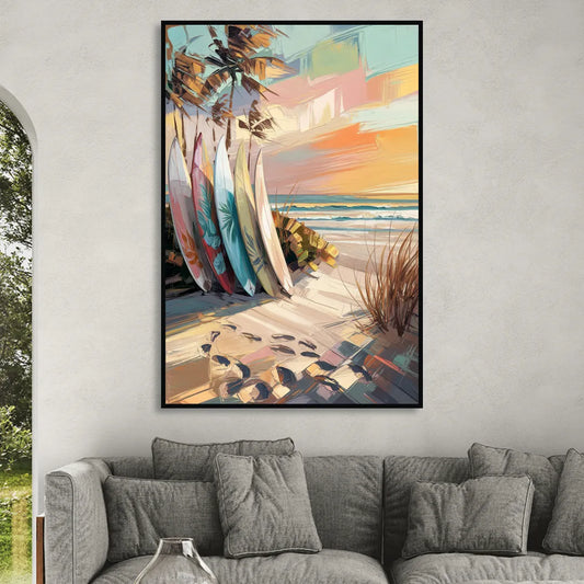 Huntington Beach Surfboards Living Room - Black Canvas Wall Art