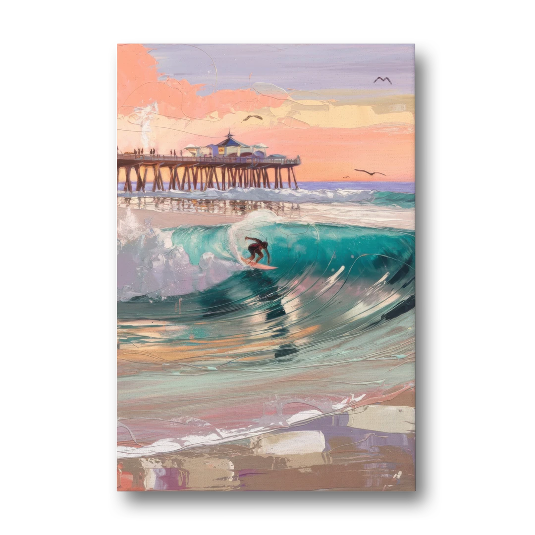 Huntington Beach Surfing Scene - Canvas Wall Art - Front