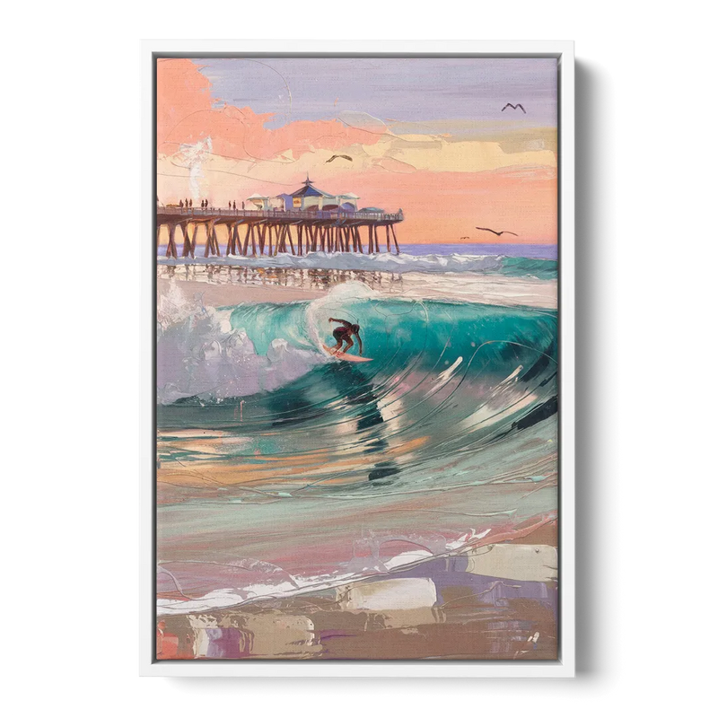 Huntington Beach Surfing Scene Front - White Canvas Wall Art