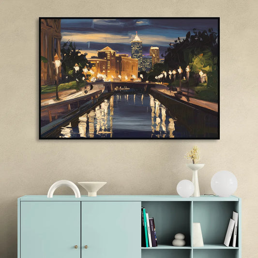 Indianapolis Canal Walk View Living Room - Black Canvas Wall Art