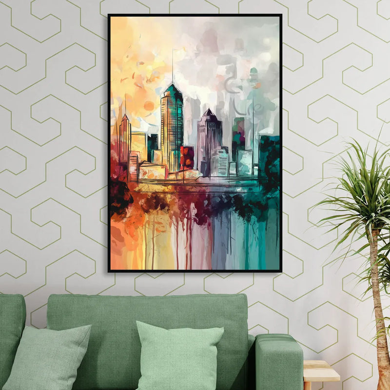Indianapolis Downtown Skyline Living Room - Black Canvas Wall Art
