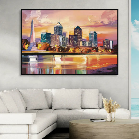 Indianapolis Skyline At Sunset Living Room - Black Canvas Wall Art
