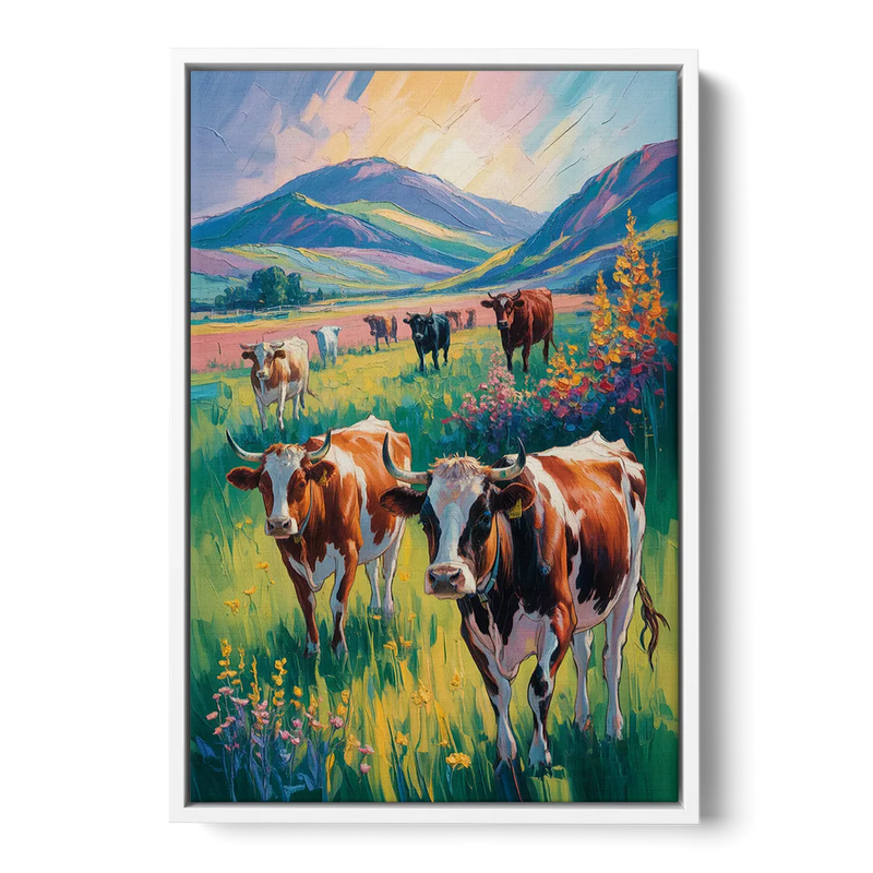 Inspirational Cow and Mountain Front - White Canvas Wall Art