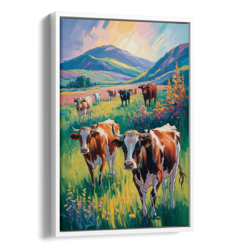 Inspirational Cow and Mountain Side - White Canvas Wall Art