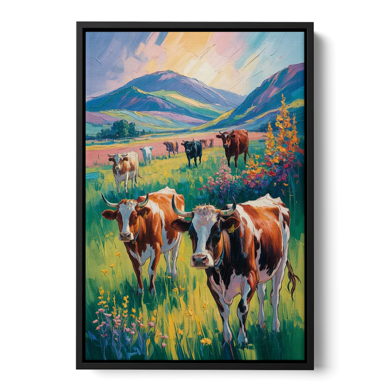 Inspirational Cow and Mountain Front - Black Canvas Wall Art