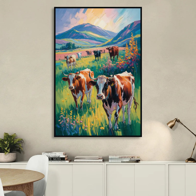 Inspirational Cow and Mountain Living Room - Black Canvas Wall Art
