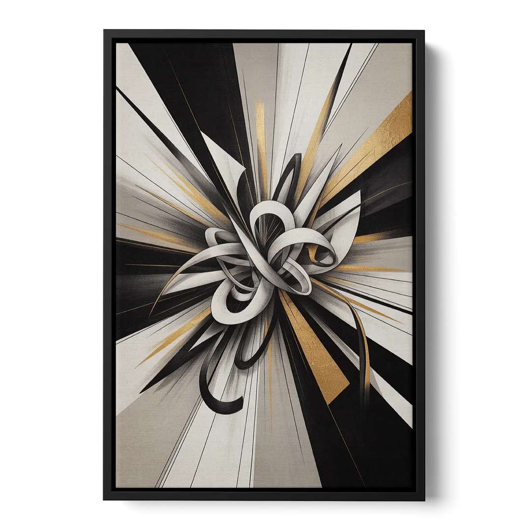 Intertwined Elegance Black White and Gold Abstract - Black Frame Canvas