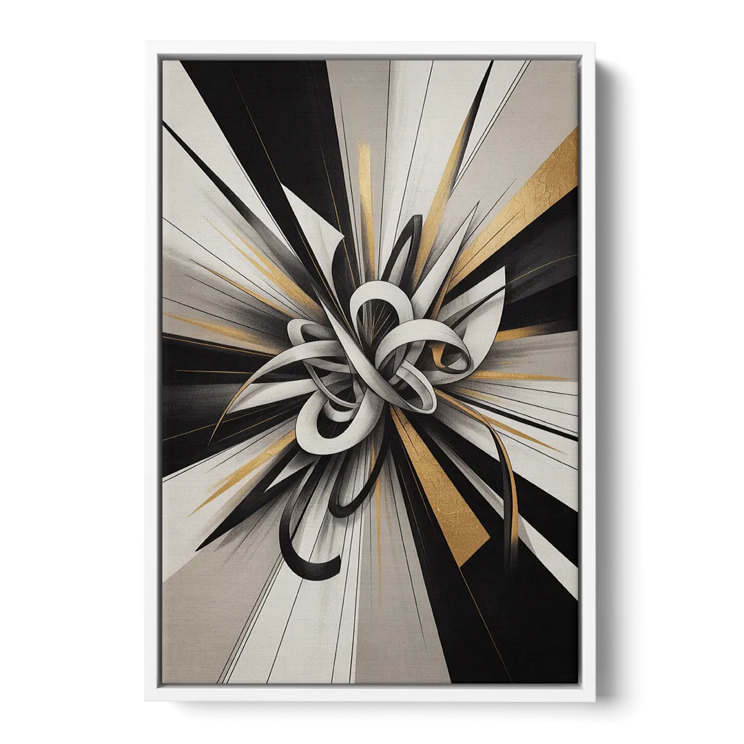 Intertwined Elegance Black White and Gold Abstract - White Frame Canvas