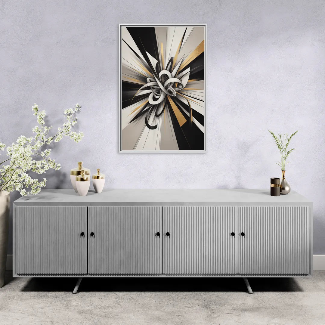 Intertwined Elegance Black White and Gold Abstract - Living Room White Frame Canvas
