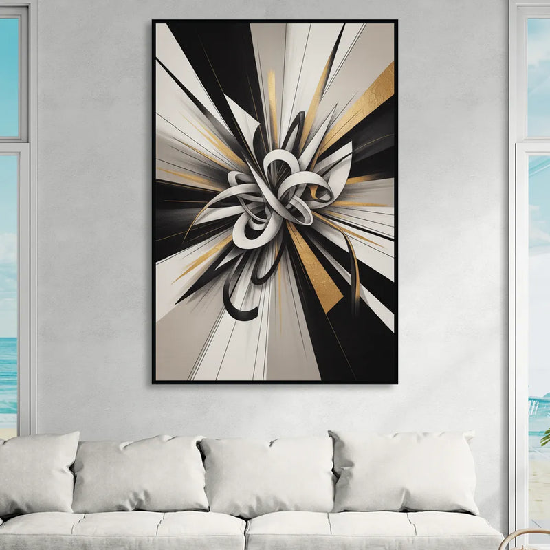 Intertwined Elegance Black White and Gold Abstract Sitting Room - Black Canvas Wall Art
