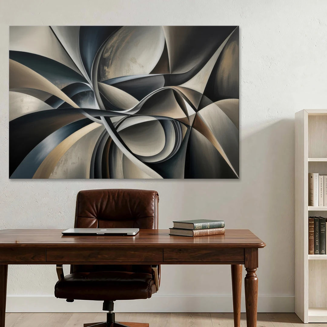Intertwined Elegance Black and Grey Abstract - Canvas Wall Art - Office - 60x40