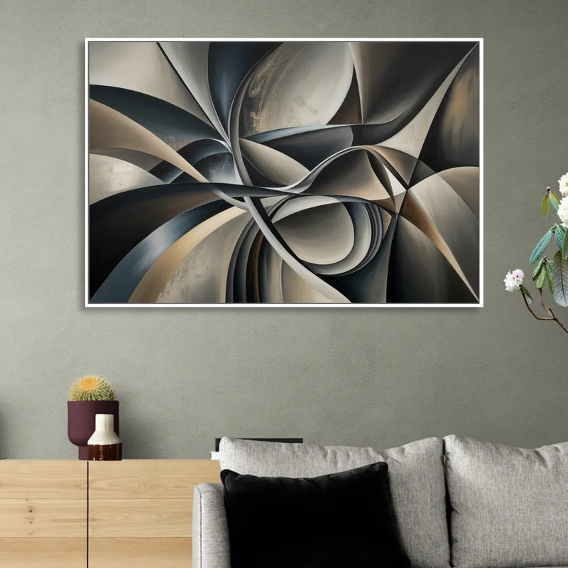 Intertwined Elegance Black and Grey Abstract Sitting Room - White Canvas Wall Art