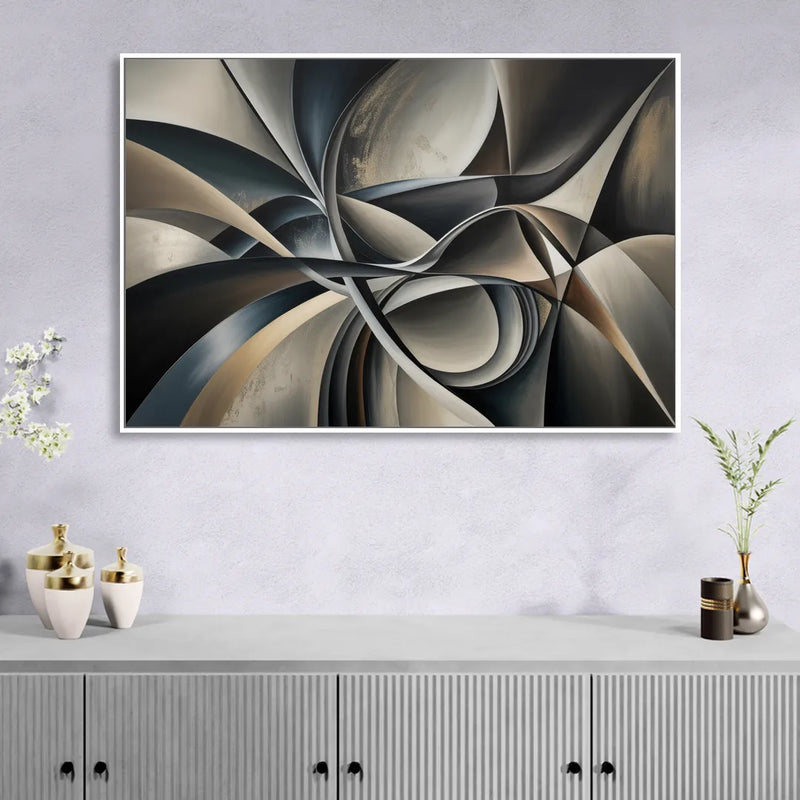 Intertwined Elegance Black and Grey Abstract Living Room - White Canvas Wall Art